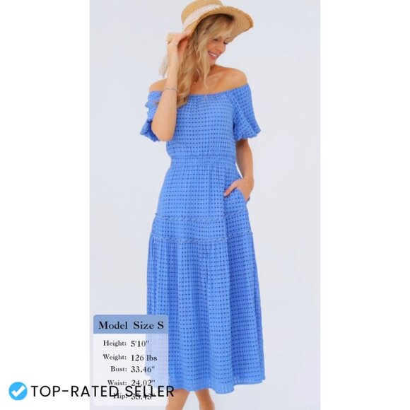 Off Shoulder Smocked Maxi Dress Flowy Boho Summer Casual Puff Sleeve - Picture 7 of 7